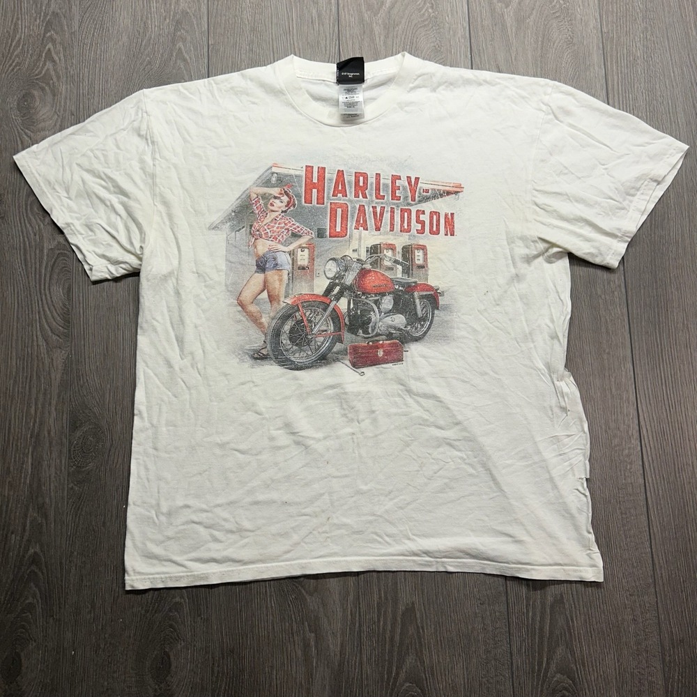 Harley Davidson Pinup Girl T-Shirt XL White AD Farrow Co Columbus Distressed